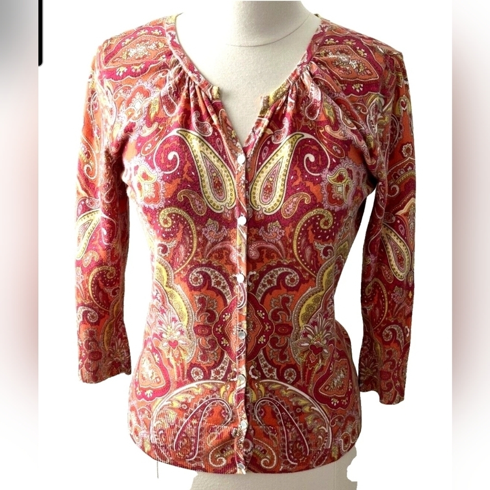 Talbots X-Large Lightweight Sweater Orange Paisley 3/4 Sleeves NWT Buttons